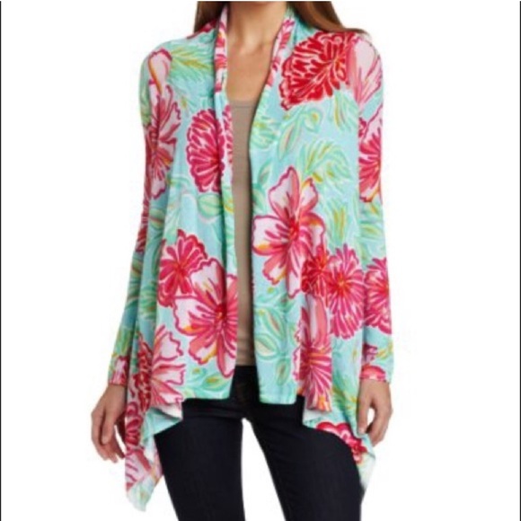 Lilly Pulitzer Sweaters - Lilly Pulitzer L/XL Open Swing Cardigan Shawl Swing Teal Pink Draped Jacey